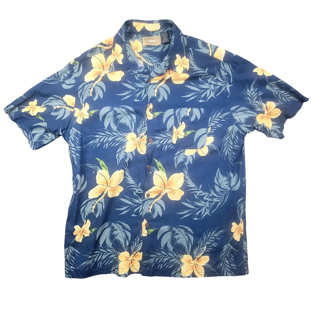 Tropical Floral Navy Blue Rayon Button Down Hawaiian Shirt Mens XL Natural Issue